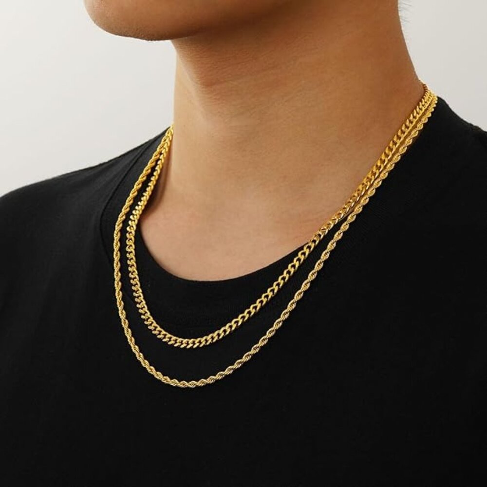 Men 2Pcs Gold Cuban Link/Rope/Herringbone Chains Jewelry Stainless Steel Layered
